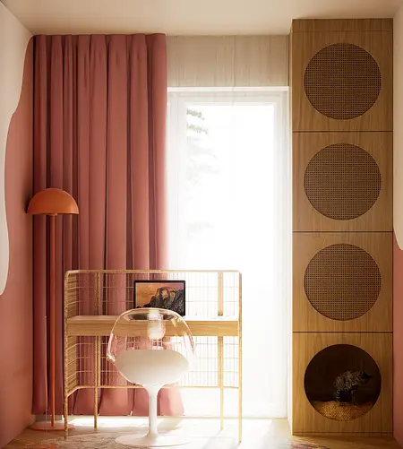 Wnętrze z różowymi zasłonami, drewnianym biurkiem w stylu art deco i vintage.