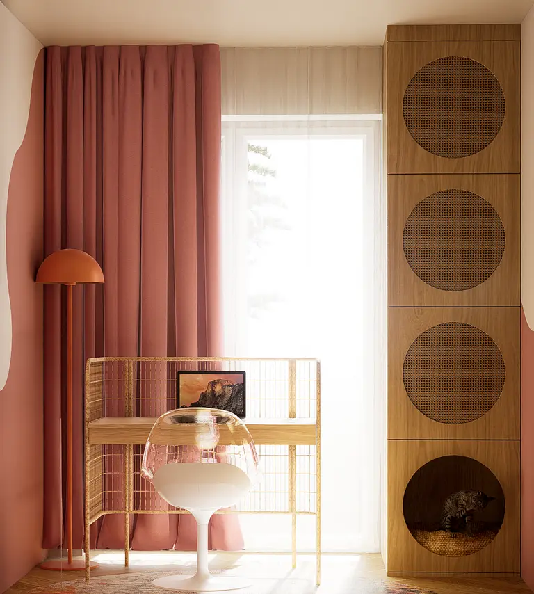 Wnętrze z różowymi zasłonami, drewnianym biurkiem w stylu art deco i vintage.