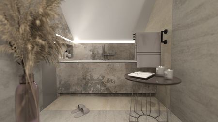 Wnętrze łazienki z szarymi płytkami, białą wanną i akcesoriami glamour, industrialnymi.