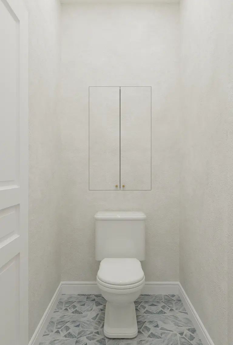 Toaleta z białymi ścianami, białą ceramiką i szarym wzorem podłogi w stylu art deco, minimaluxe, quiet luxury.