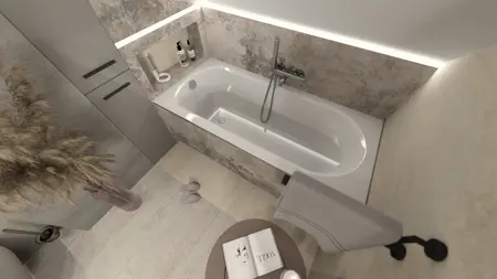 Wnętrze łazienki z wanną, szarymi płytkami i roślinością. Styl glamour i industrialny.