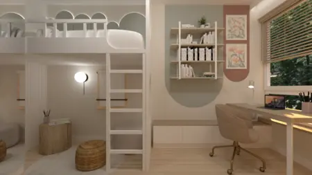 Pokój dziecięcy w stylu boho z biurkiem, łóżkiem piętrowym, minimalistycznymi akcentami.