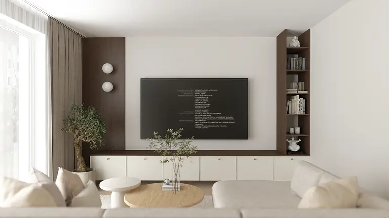 Wnętrze salonu z telewizorem, drewnianymi meblami i minimalistycznymi akcentami.