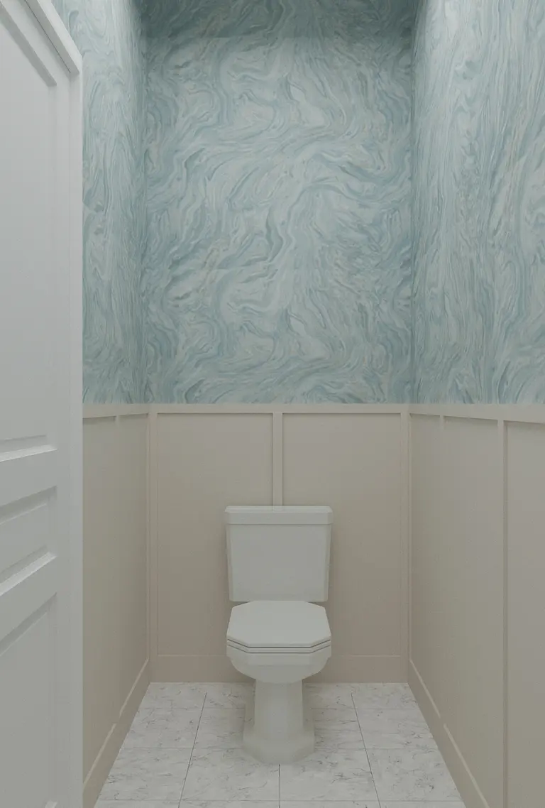 Toaleta z niebieską ścianą, białym WC, styl art deco, minimaluxe, quiet luxury.