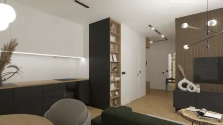Wnętrze kuchni w stylu industrialnym i minimalistycznym z drewnianymi akcentami.