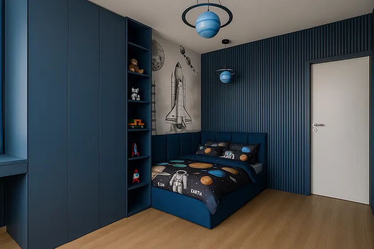 Pokój dziecięcy z niebieskimi meblami i motywem kosmicznym, nowoczesny design.