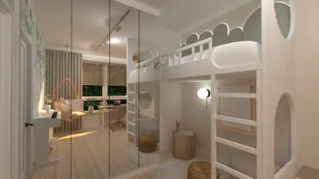 Pokój dziecięcy w stylu boho i minimalistycznym z piętrowym łóżkiem i biurkiem.