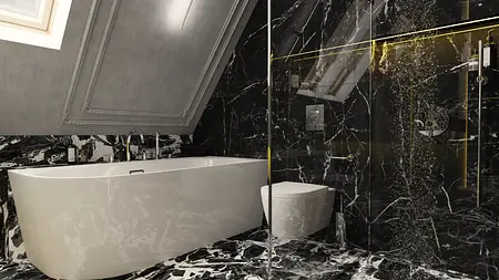 Nowoczesna łazienka z czarnym marmurem, wanną i prysznicem w stylu dopamine decor i eklektycznym.