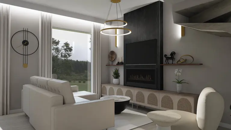 Wnętrze nowoczesnego salonu z jasnymi meblami i kominkiem.