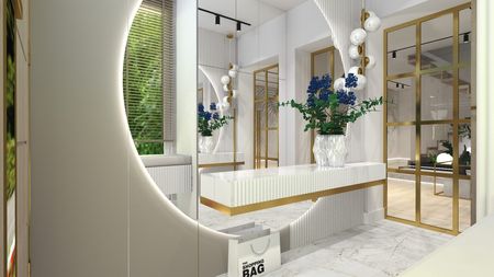 Stylowy przedpokój z białą ławką, złotymi detalami i niebieskimi kwiatami.