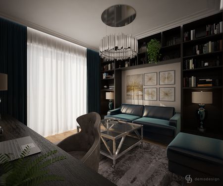 Wnętrze salonu w stylu glamour z niebieską sofą, szklanym stolikiem i nowoczesnym oświetleniem.