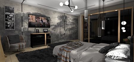 Wnętrze sypialni z telewizorem, nowoczesnymi lampami i dekoracjami w stylu dopamine decor, industrialnym.