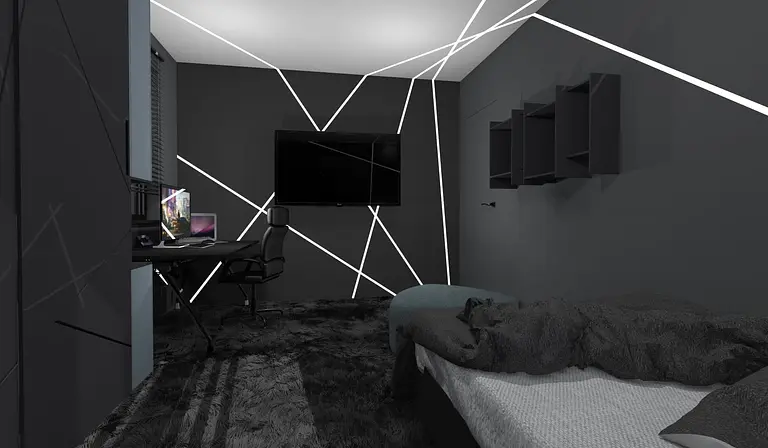 Wnętrze pokoju z biurkiem, telewizorem i nowoczesnym oświetleniem, styl dopamine decor, industrialny, współczesny.