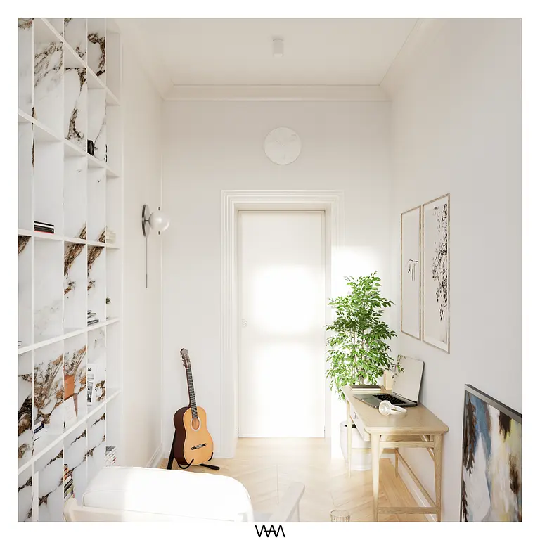 Wnętrze w stylu soft minimalizm z meblami vintage, regałem i rośliną.