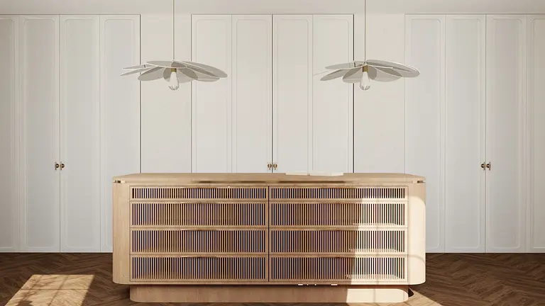 Wnętrze z meblem z drewna, białymi ścianami, styl art deco, eklektyczny, soft minimalizm.