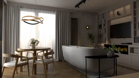 Wnętrze salonu w stylu soft minimalizm i współczesnym z jasnymi meblami.