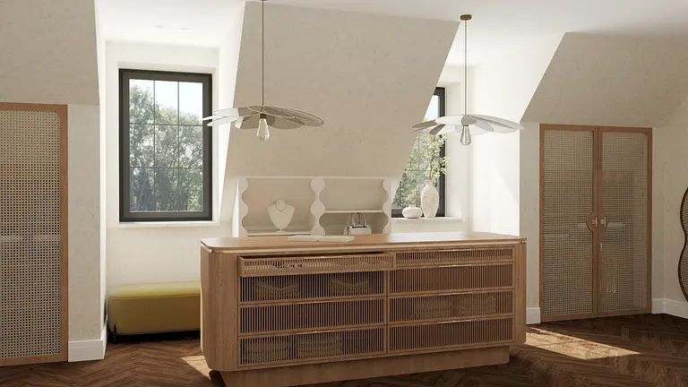 Wnętrze z drewnianym blatem, białymi meblami i lampami w stylu art deco, eklektycznym, soft minimalizm.