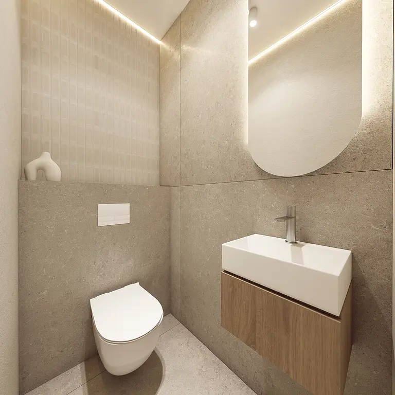 Wnętrze nowoczesnej łazienki z minimaluxe i soft minimalizmem.
