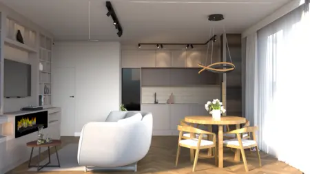 Nowoczesne wnętrze z kuchnią, salonem i jadalnią w stylu soft minimalizm