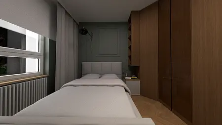 Współczesna sypialnia z brązową szafą i szarymi ścianami