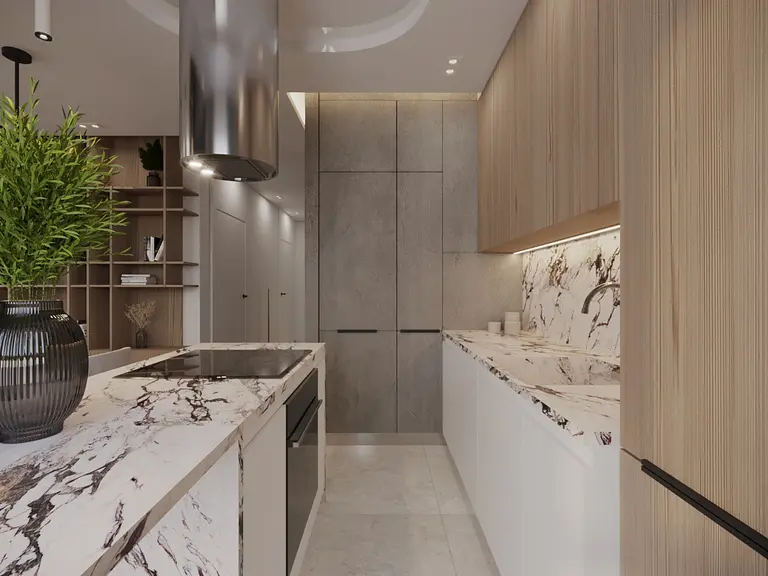Nowoczesna kuchnia z marmurowym blatem, drewnianymi elementami, w stylu glamour i quiet luxury.