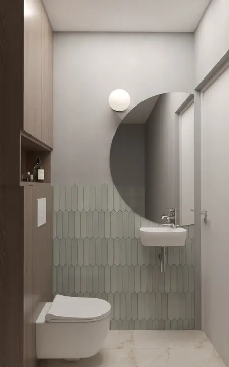 Minimalistyczna łazienka w stylu japandi z drewnianymi elementami.