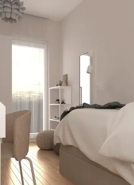 Wnętrze sypialni z minimalistycznym wystrojem, jasnymi ścianami i drewnianą podłogą.