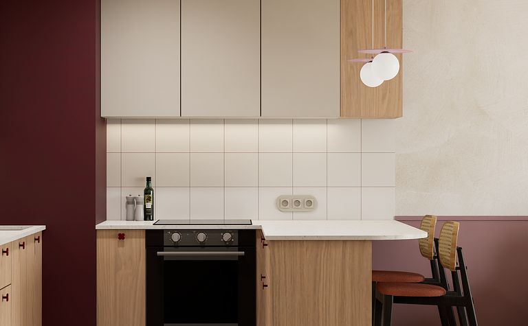 Kuchnia w stylu art deco z drewnianymi elementami i nowoczesnym oświetleniem.