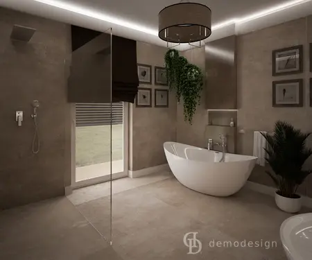 Nowoczesna łazienka z białą wanną, szarymi ścianami i roślinami, styl glamour i quiet luxury.