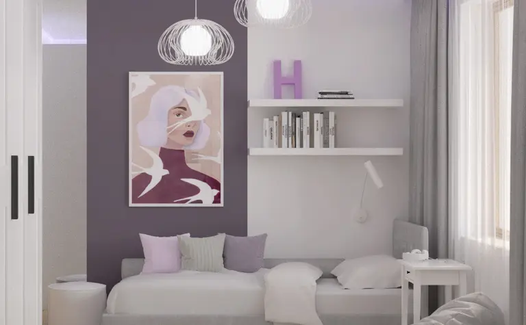 Wnętrze pokoju dziecięcego w stylu japandi i minimalistycznym z szarym łóżkiem.