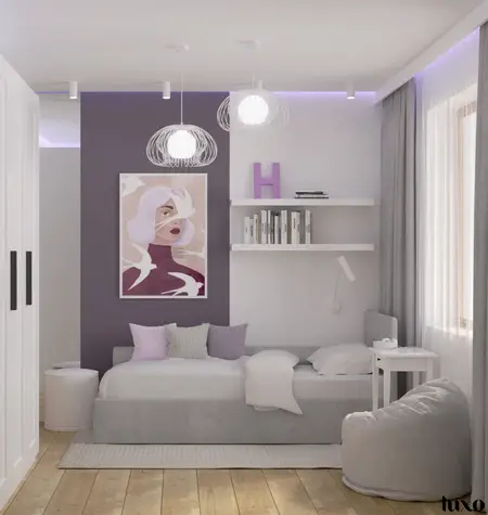 Wnętrze pokoju dziecięcego w stylu japandi i minimalistycznym z szarym łóżkiem.