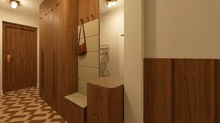 Garderoba w stylu vintage z drewnianymi meblami i tapetą