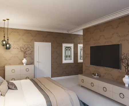 Wnętrze sypialni z beżowymi meblami, brązową tapetą, styl glamour i nowoczesny.
