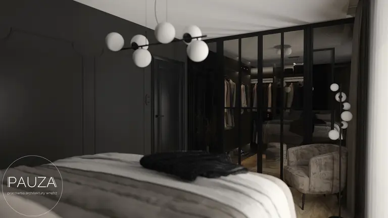 Wnętrze nowoczesnej sypialni z ciemnymi ścianami, jasnym łóżkiem i eleganckimi detalami.