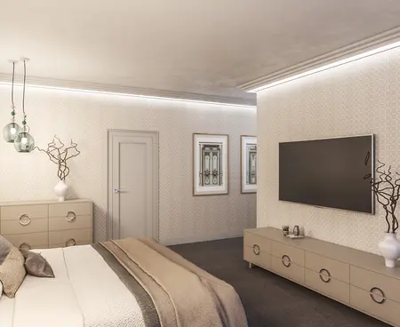 Wnętrze sypialni w stylu glamour z nowoczesnymi meblami i dekoracjami quiet luxury.