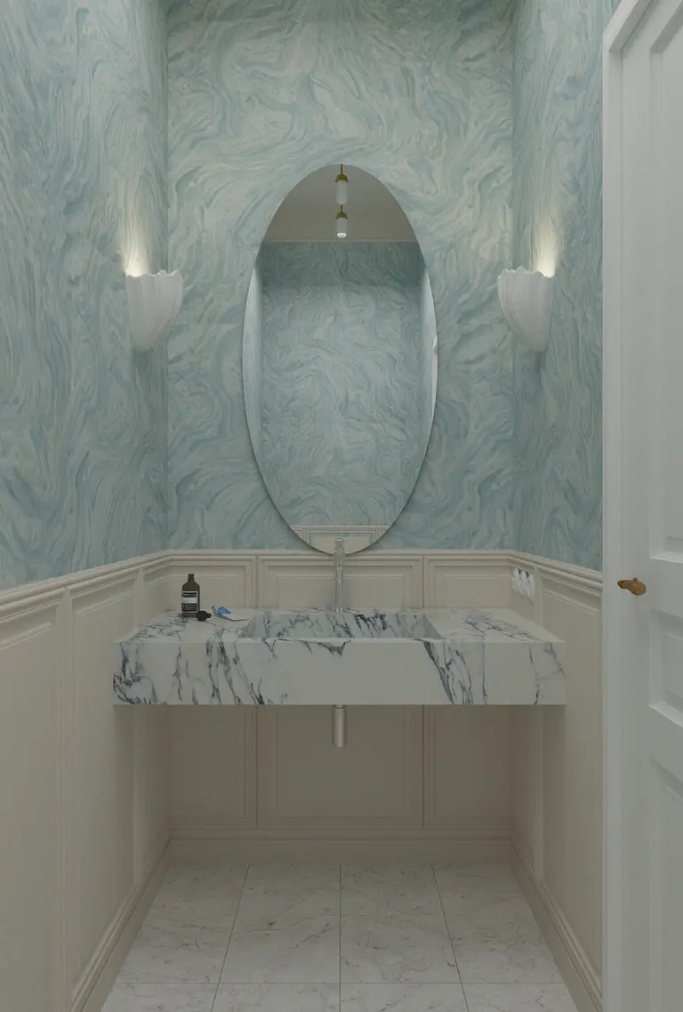 Toaleta z marmurową umywalką, niebieską ścianą, styl art deco, minimaluxe, quiet luxury.