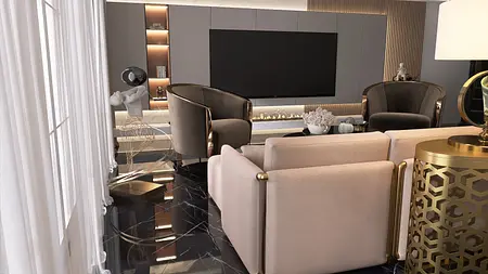 Wnętrze salonu w stylu art deco i glamour z beżową sofą.