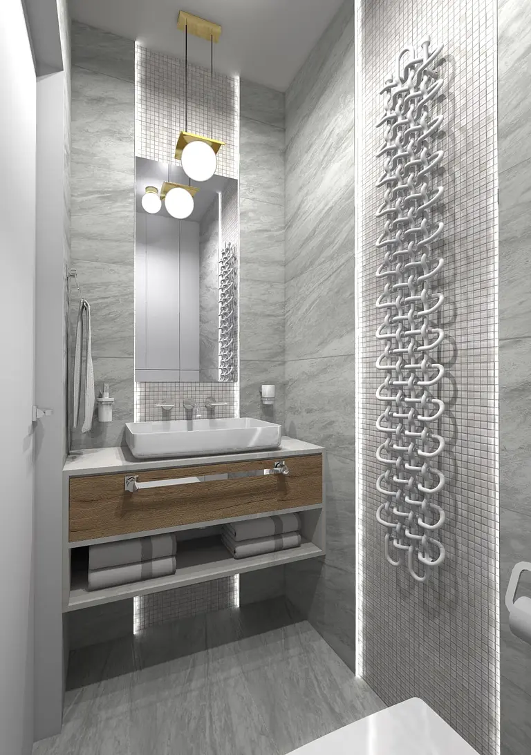 Nowoczesna łazienka z drewnianą szafką, oświetleniem LED i szarymi płytkami. Styl dopamine decor, industrialny.