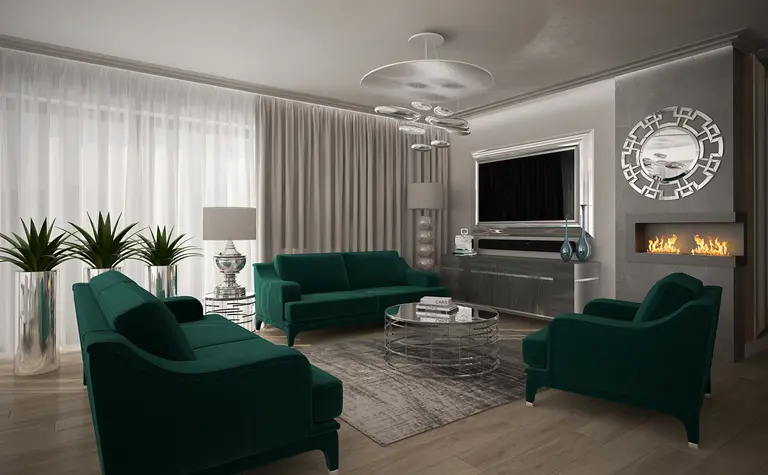 Wnętrze salonu w stylu glamour z nowoczesnym kominkiem i zielonymi meblami.