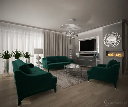 Wnętrze salonu w stylu glamour z nowoczesnym kominkiem i zielonymi meblami.