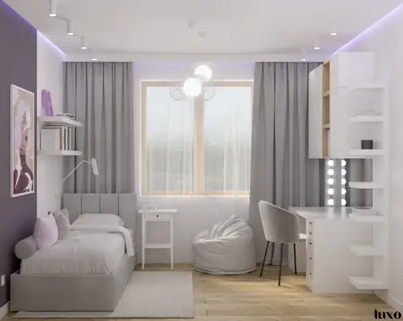 Wnętrze pokoju w stylu japandi i minimalistycznym z szarym łóżkiem i biurkiem.