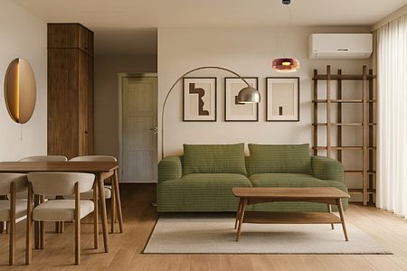 Wnętrze salonu w stylu boho z zieloną sofą, drewnianym stołem i nowoczesnym oświetleniem.