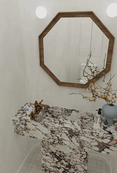 Wnętrze łazienki z marmurową umywalką, drewnianym lustrem oraz dodatkami w stylu art deco, minimaluxe, quiet luxury.