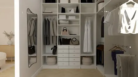 Garderoba w stylu art deco, minimalistycznym i tradycyjnym z białymi półkami i lustrami.