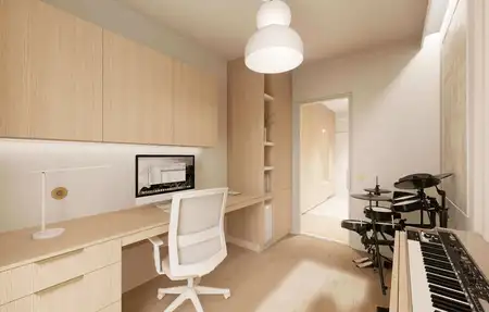 Wnętrze gabinetu w stylu japandi, minimalistycznym, nowoczesnym i quiet luxury.