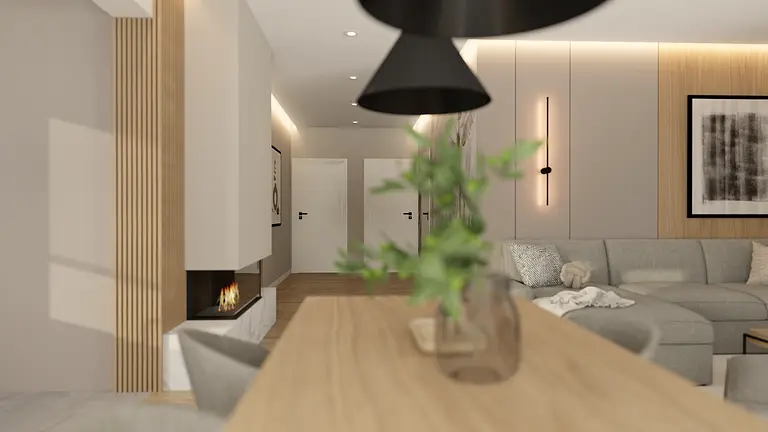 Wnętrze salonu w stylu japandi z minimalistycznym designem, skandynawskie akcenty.
