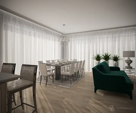 Wnętrze jadalni z nowoczesnym stołem, białymi krzesłami oraz elementami glamour.