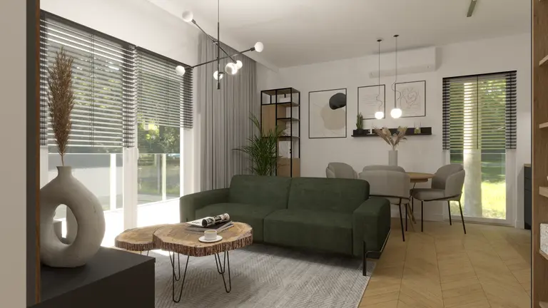 Wnętrze z zieloną sofą, drewnianym stolikiem i roślinami w stylu industrialnym i minimalistycznym.