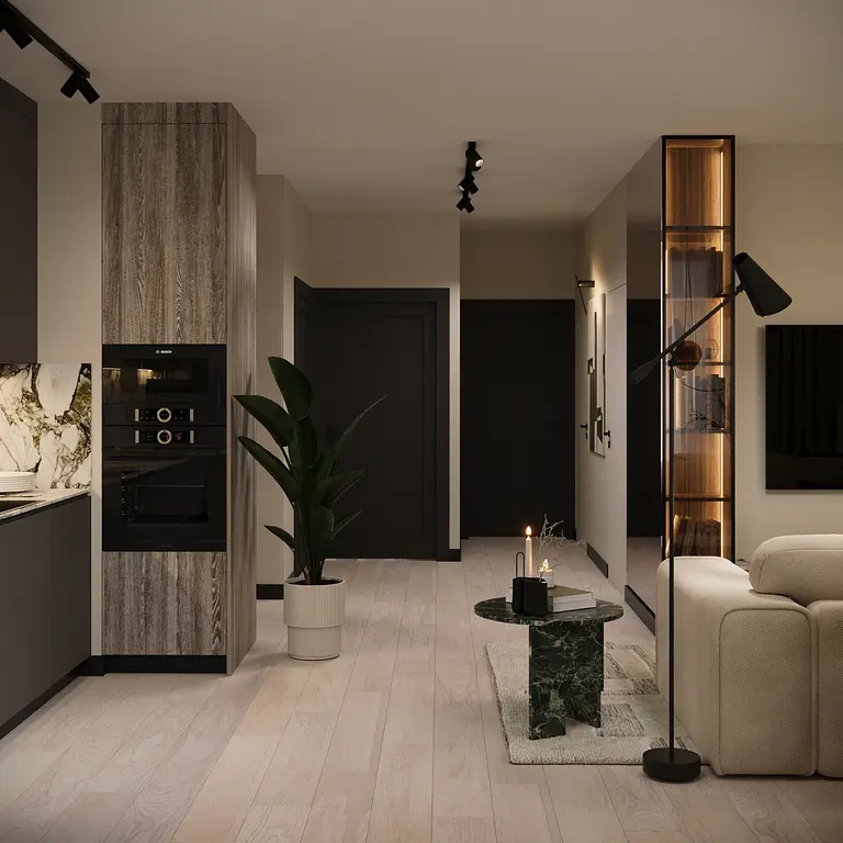 Wnętrze salonu w stylu eklektycznym z meblami glamour i minimalistycznymi akcentami.