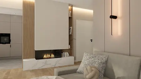 Wnętrze salonu w stylu japandi i minimalistycznym z kominkiem.